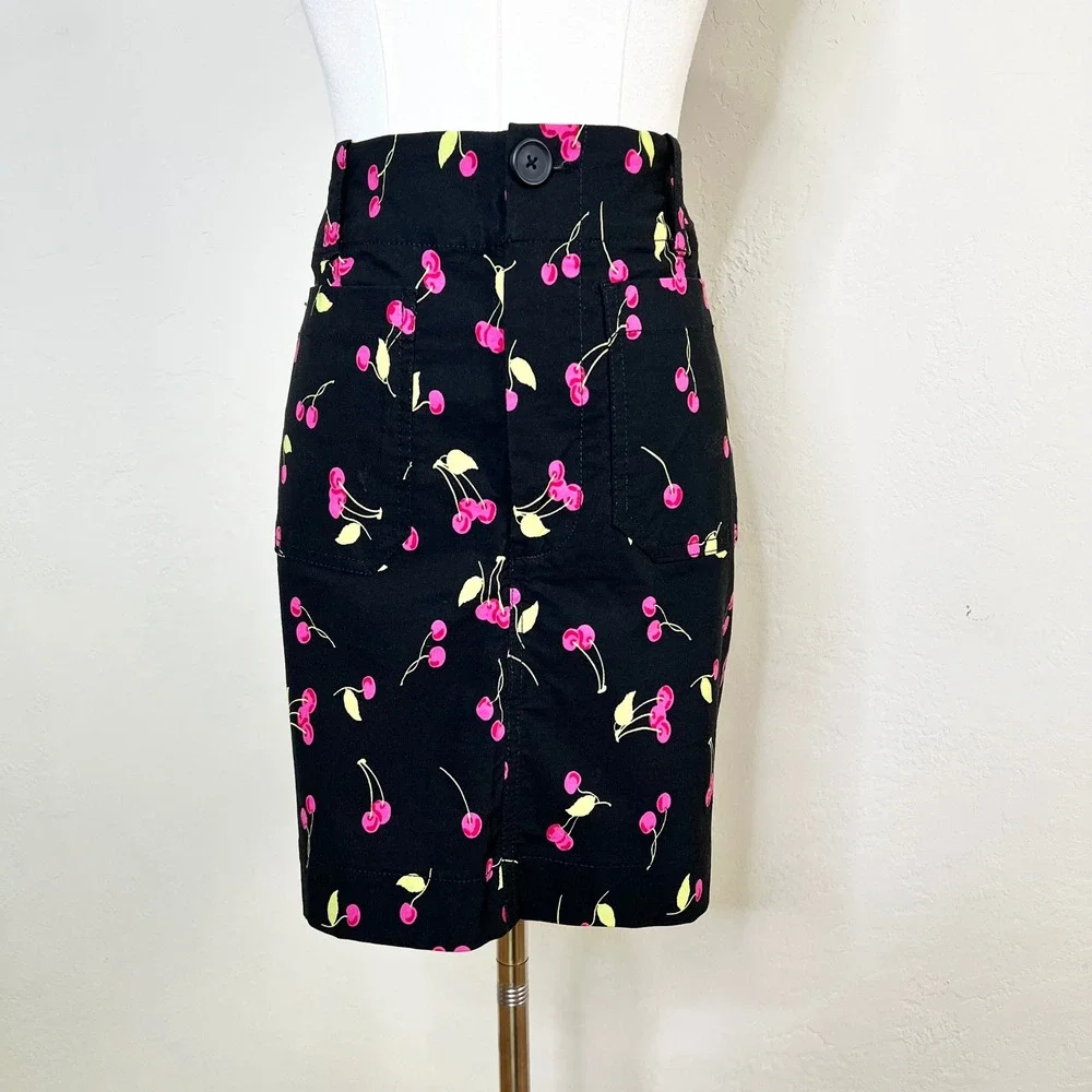 Maeve Anthropologie Cherry Print Colette Mini Skirt Black Pockets Cotton Sml NEW